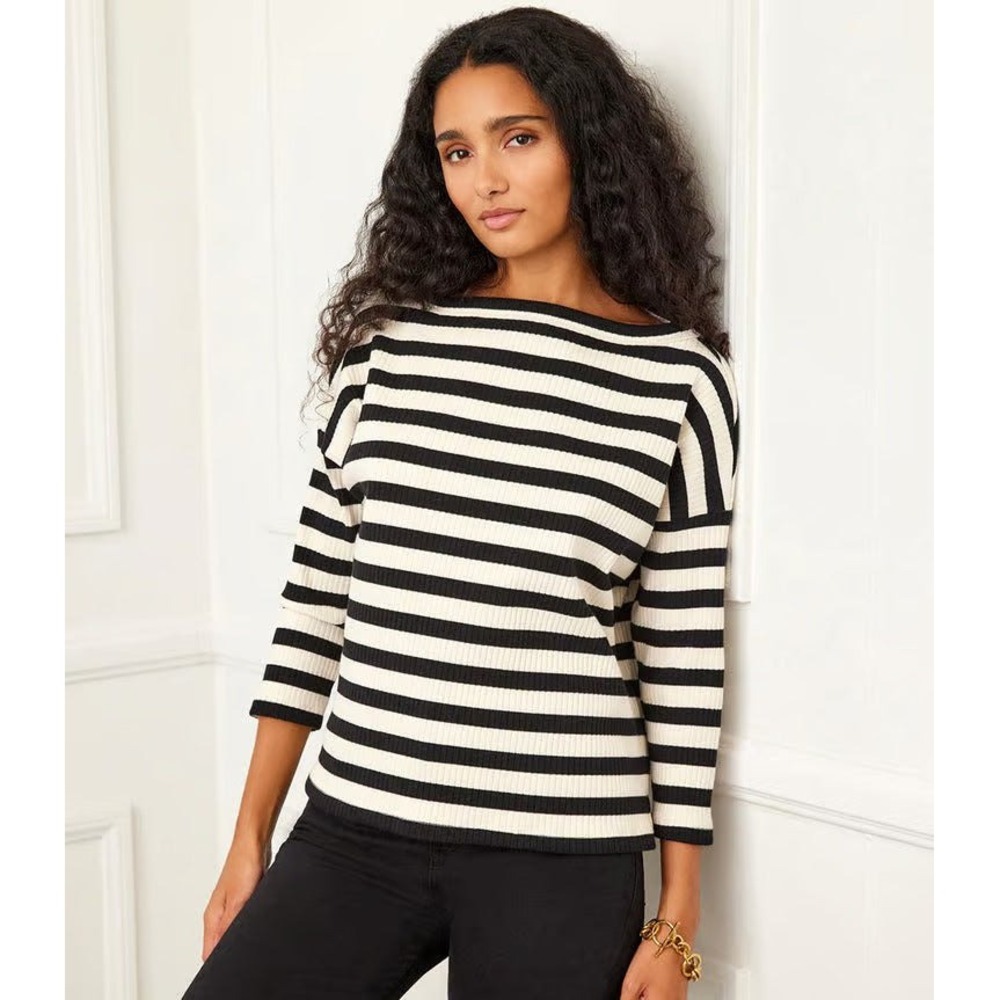 Karen Kane Striped Top Womens L Ribbed Knit 3/4 Sleeve Boat Neck Casual